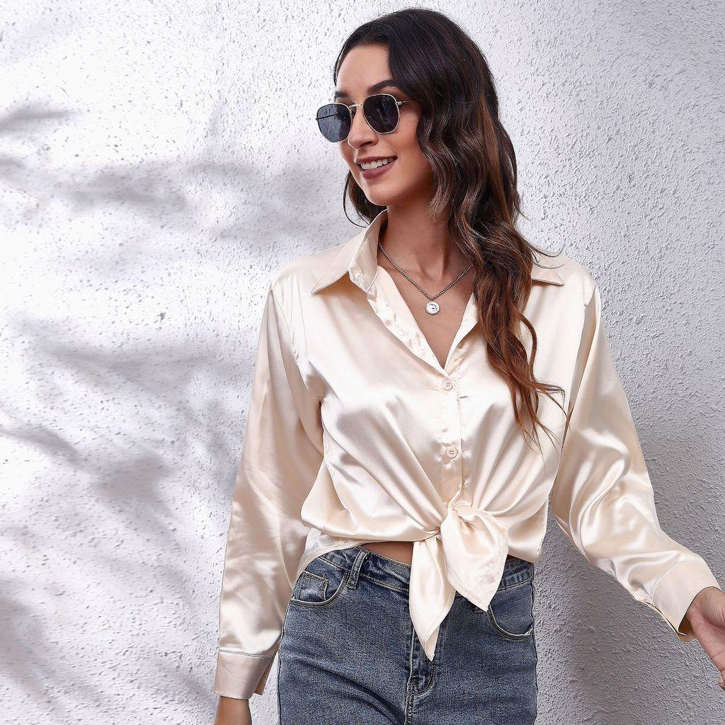 Satijnen Blouse Voor Dames Met Lange Mouwen En Knoopsluiting Voor Kantoor