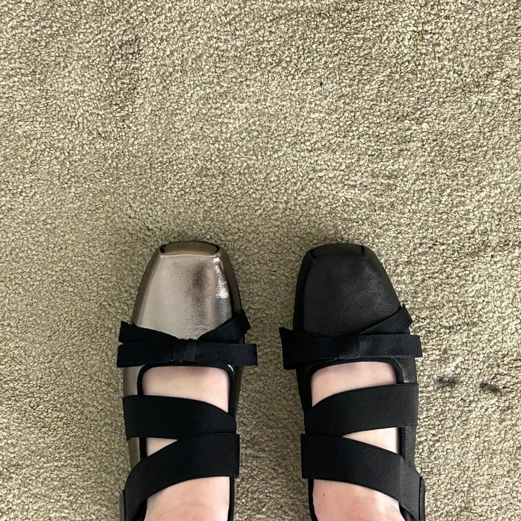 Sheepskin Version~ Korean Bow Leather Ballet Mary Jane Single Shoes Women's Platform Loafers Black Small Leather Shoes