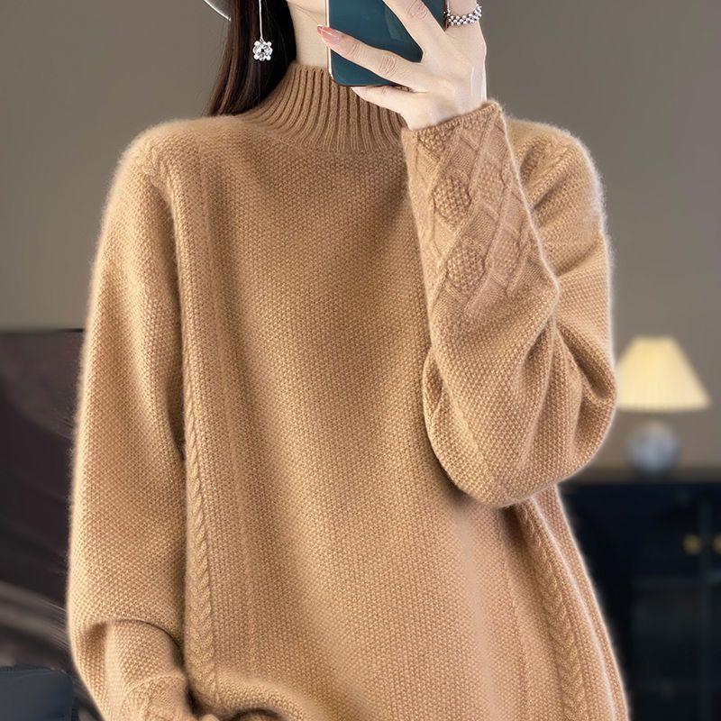 Women's Clothing Solid Color Pullover Long Sleeve Sweater Knitted Elegant Casual Autumn Winter Half High Collar Office Lady Tops