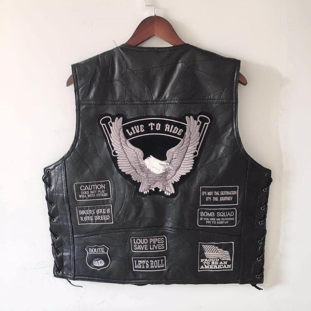 European and American classic vest, leather vest, cycling vest, silver-gray embroidered badge, locomotive leather vest men's