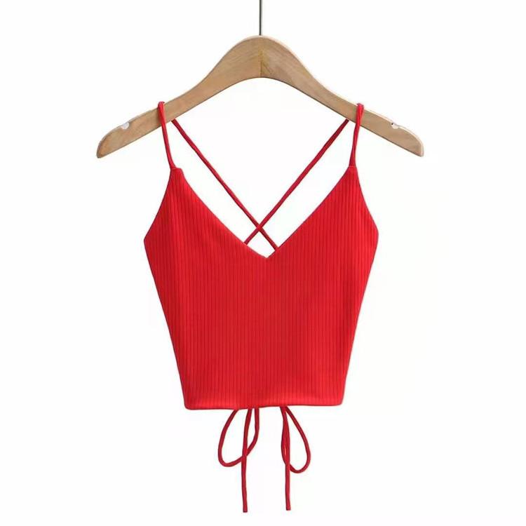 Summer New Sexy Babes Beautiful Back Cross Tie String Knitted Base Top V-neck High Waist Camisole Top Female Tide