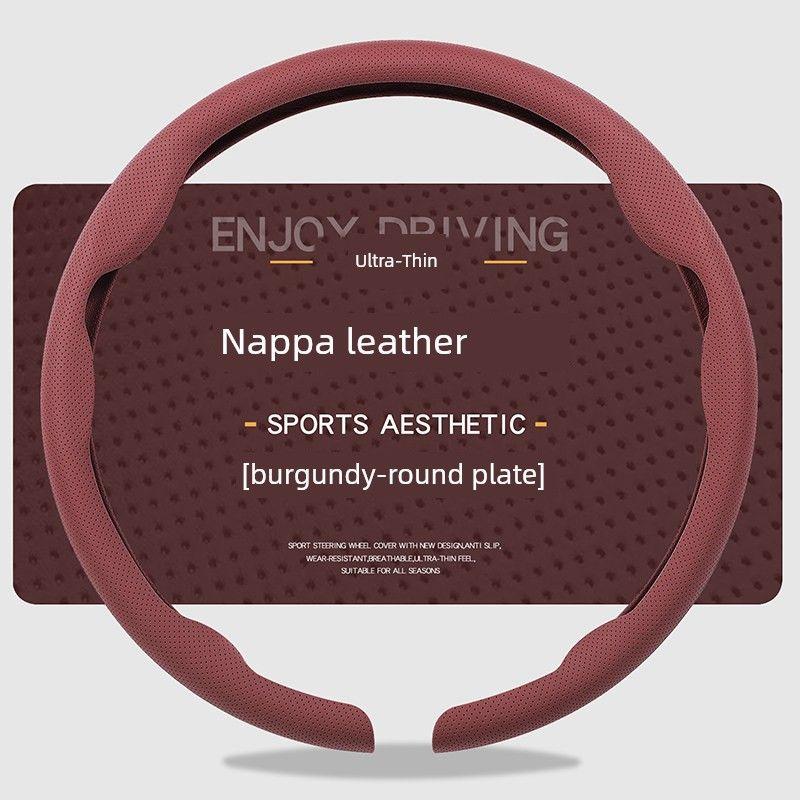 

Car Steering Wheel Cover, Ultra-Thin, Breathable, Non-Slip, Sweat-Absorbent, New Style, Unisex, Suede Nappa Leather Handle Cover for Summer [Burgundy - Round] Nappa Leather