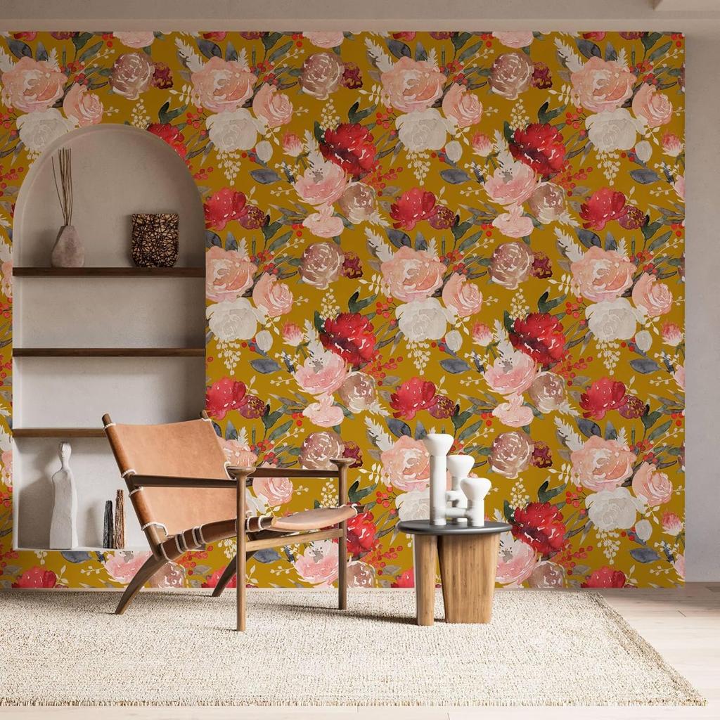 Vintage Peony Peel and Stick Wallpaper Yellow/Pink/White Floral Self Adhesive Wallpaper for Bedroom Home Wall Decorations
