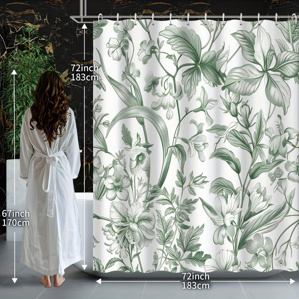 1 Pack Vintage Botanical Floral Pattern Green Elegant Floral Plant Leaf Shower Curtain, Polyester Fabric, Machine Washable