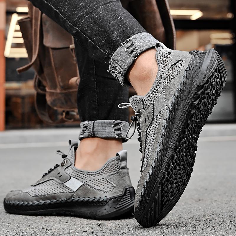 Men's Casual Sneakers Comfortable Large Size Sewn Cowhide Mesh Shoes Trend