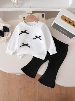 Autumn Versatile Bow Long Sleeve Baby Girl Two-Piece: White Top & Flare Pants Set