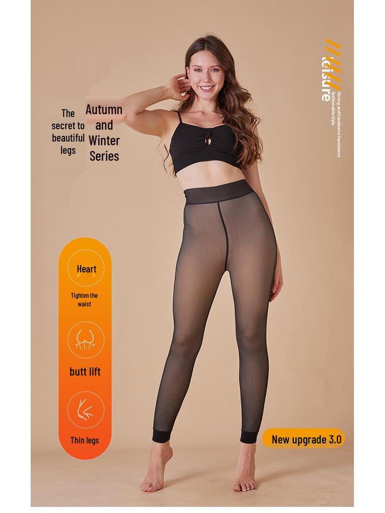 Women's Sheer Fleece-Lined Nine-Point Leggings: Fake Transparent, Autumn/Winter, Thickened, Warm, Plus Size, One-Piece Pantyhose.