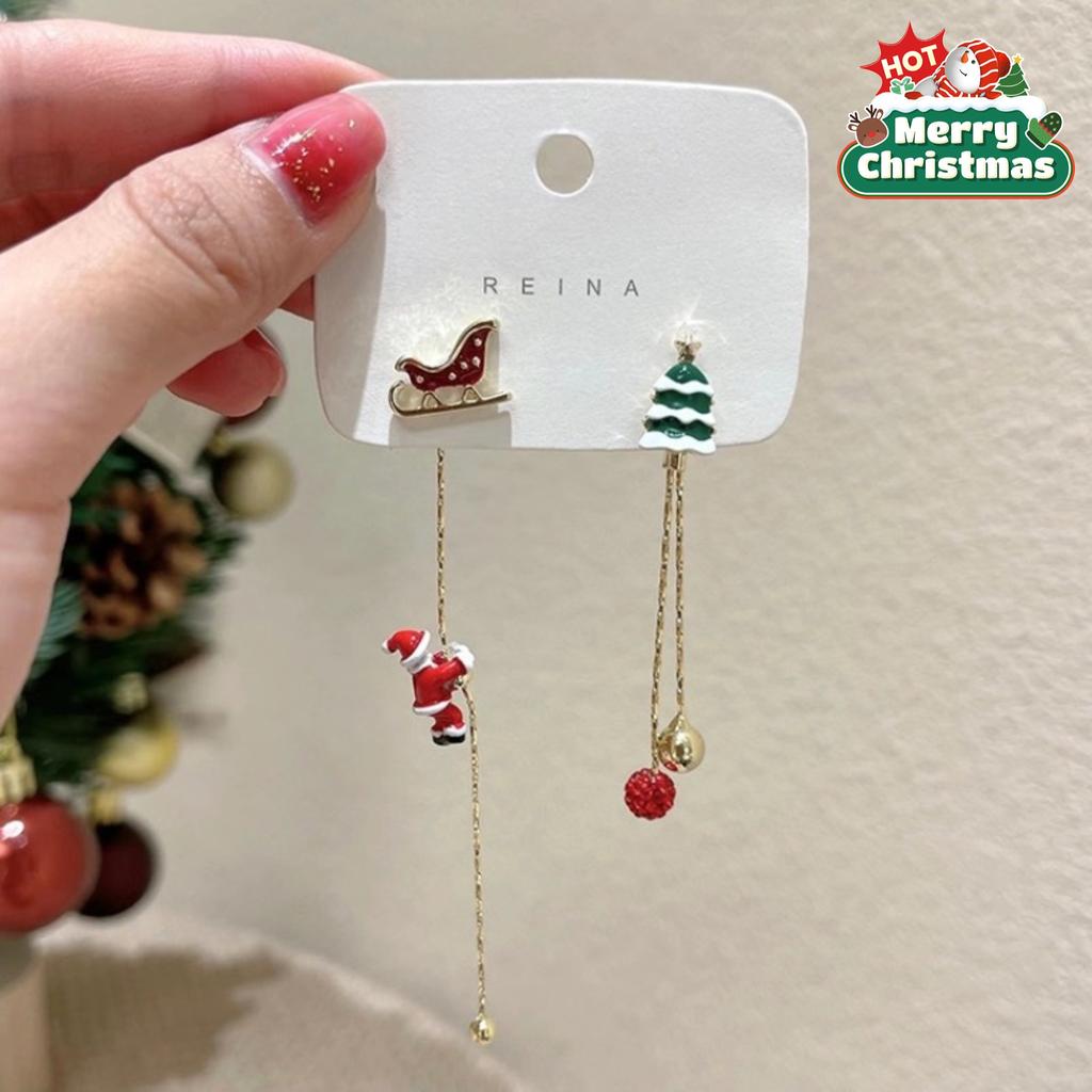 2pcs Elegant Christmas Tree Earrings - Alloy Dangle Earrings with Santa Claus & Snowman Design, Long Pendant for Holiday Parties