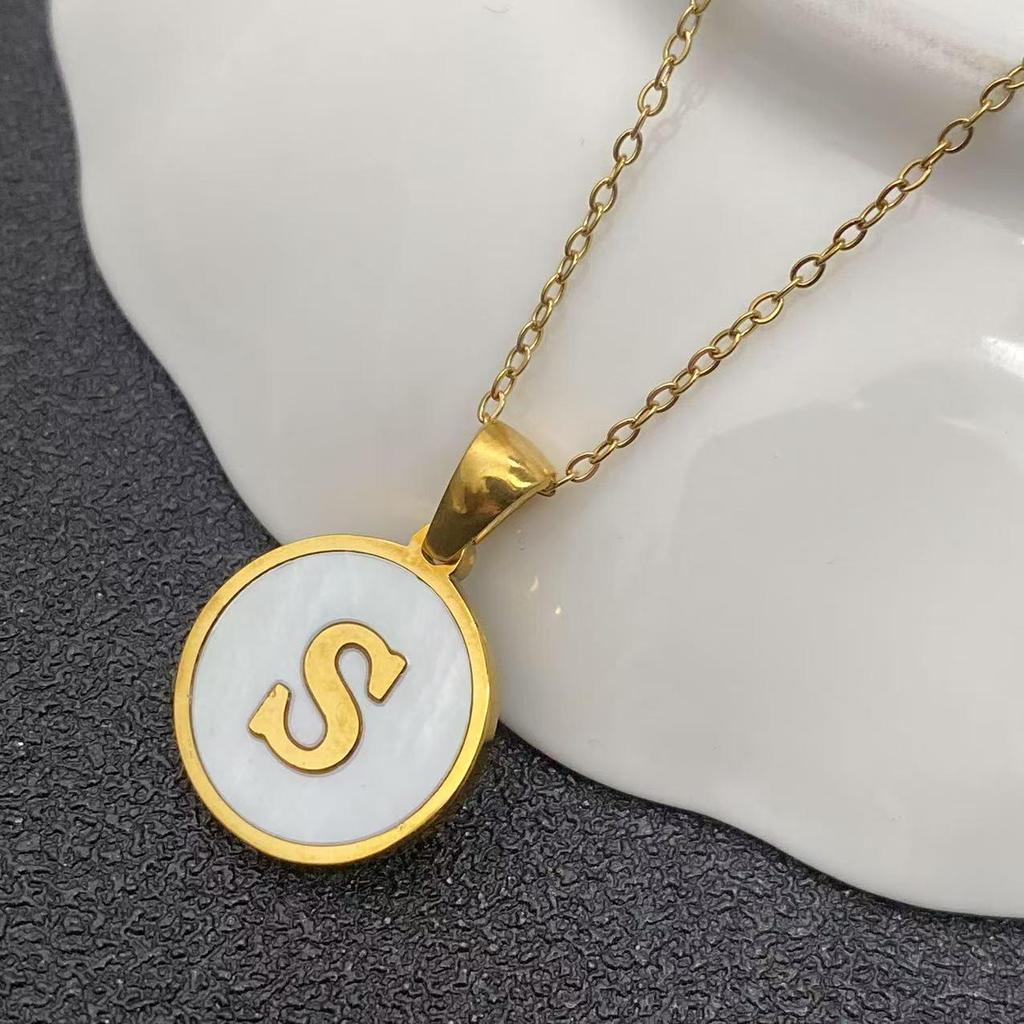 White Stainless Steel Small Round Tag Necklace - 26 Letters, Women's Cold Style Fashion, Versatile Light Luxury, 2025 Collection.