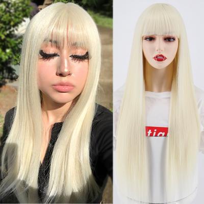 Long Straight Light Blonde Wig with Bangs Synthetic Heat Resistant Fiber Straight Wig for Women