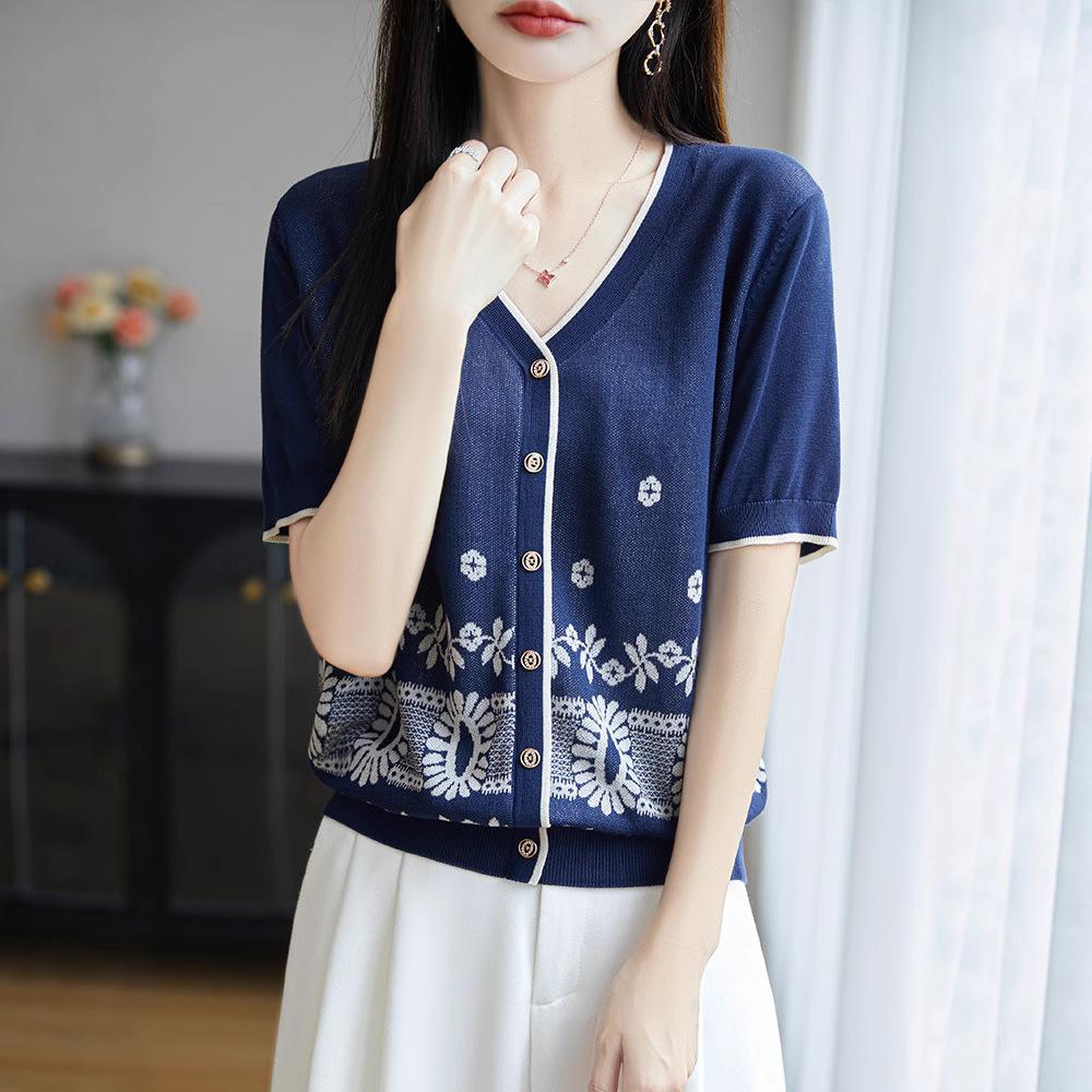 Summer's New Jacquard Loose Top, Knitted Sweater, Women's Short-sleeved T-shirt, Loose and Slimming, Round Neck
