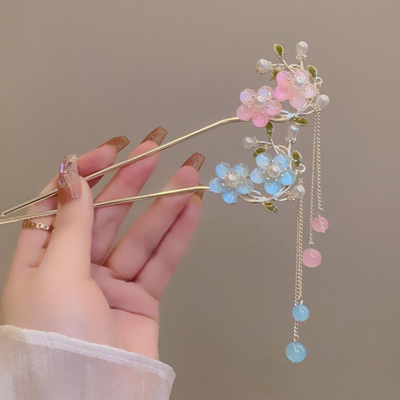 Classic Chinese Double Flower Hair Stick Pins for Women Flower Beaded Tassel Handmade Hairpins Jewelry Accessories Hair Ornament