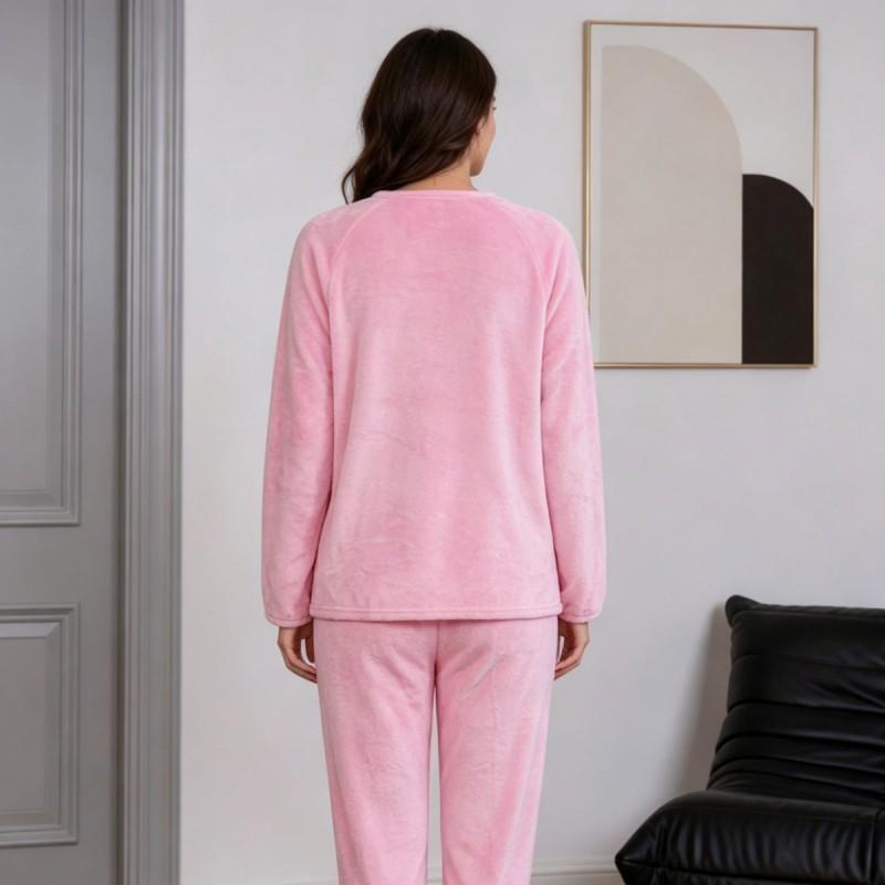Fall Winter Cute Girl Flannel Pajama Set Bow Round Neck Long Sleeve Loungewear Women
