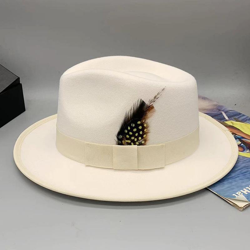 2023 Sombrero Fedora de Lana Sintética para Hombre Mujer Ala Ancha Accesorios de Lazo Pluma Otoño Invierno Caballero Sombrero Panamá Jazz