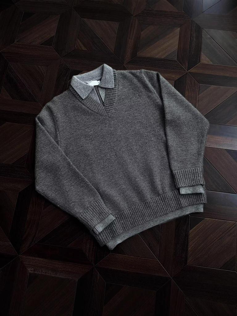 Herren V-Ausschnitt Retro-Stil Strickoberteil - Fake Zweiteiler, Winter Kragen, Lockerer Schnitt