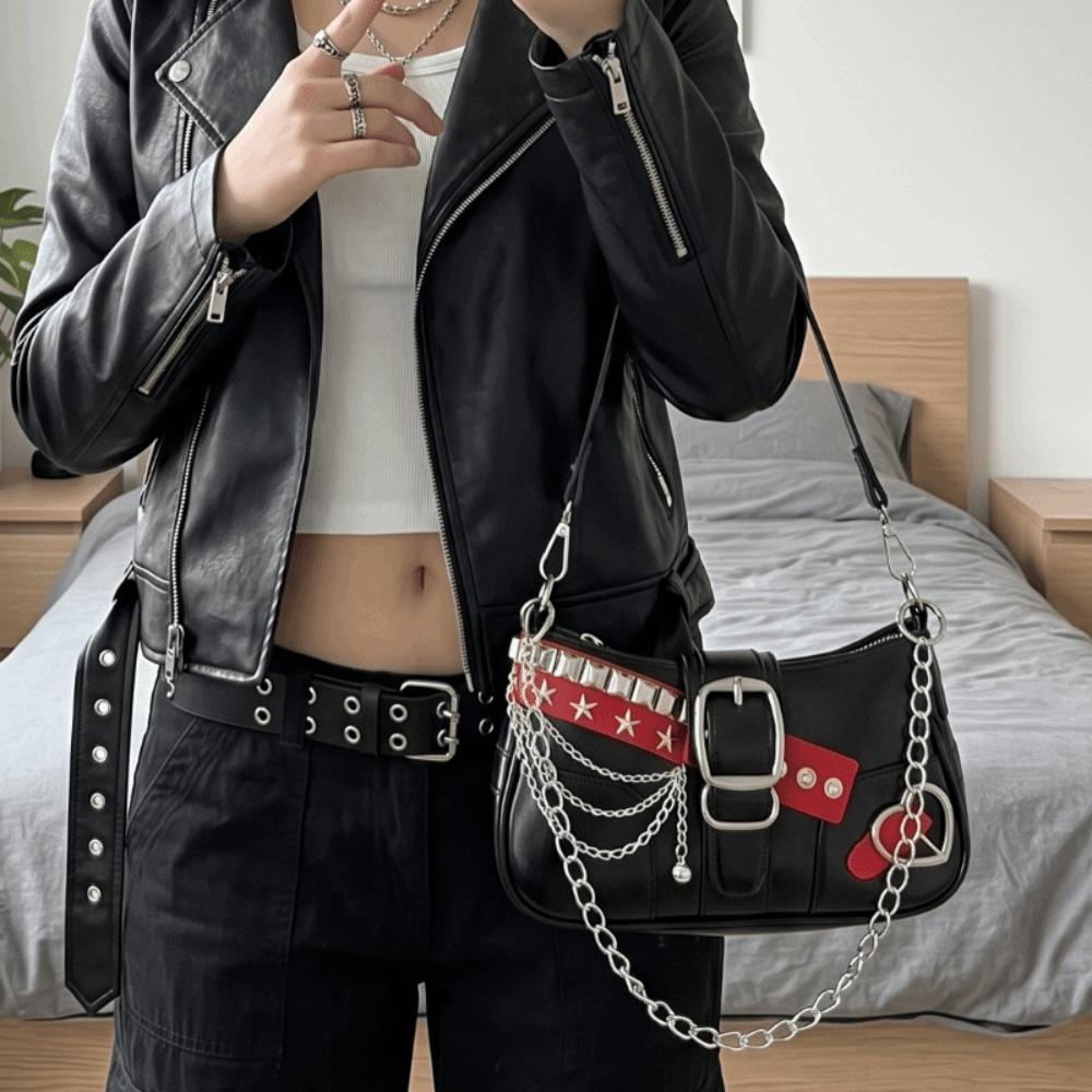 Punk Shoulder Bag Black Red Decor French Stick Handbag Fashion Star Rivet Underarm Bag Commute