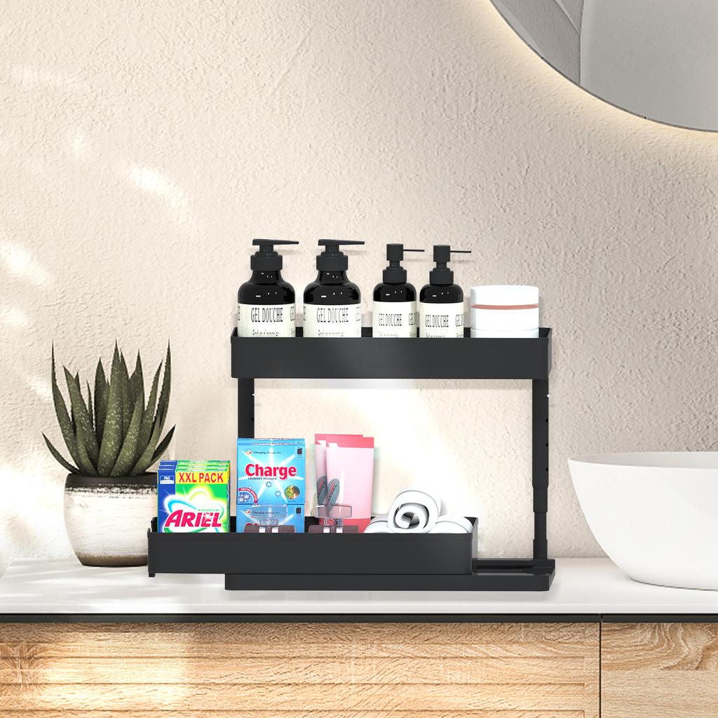Adjustable Height Under Sink Organizers and Storage, Pull Out Cabinet Organizer 2 Tier Slide Out Shelf Under Cabinet Storage, Under Sink Organize