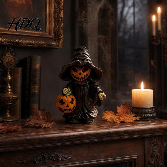 Desktop Halloween Ornament Witch Statue with Pumpkin Cute in Pointed Hat