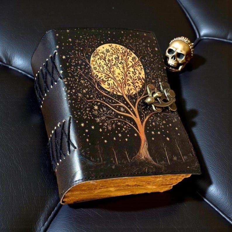 Tree of Life Book of Shadows, Moon Tree Leather Grimoire, Wiccan Pagan Witchcraft Journal, Celestial Spellbook with Deckle Paper