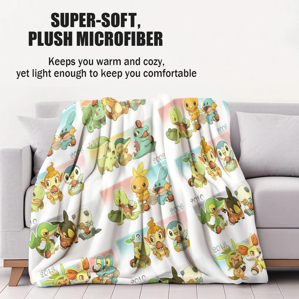 AllGeneration Starter Pokemon Themed Cute Fleece Throw Blanket Gift Winter Warm Blanket for Living Room Sofa Bed Camping Trip