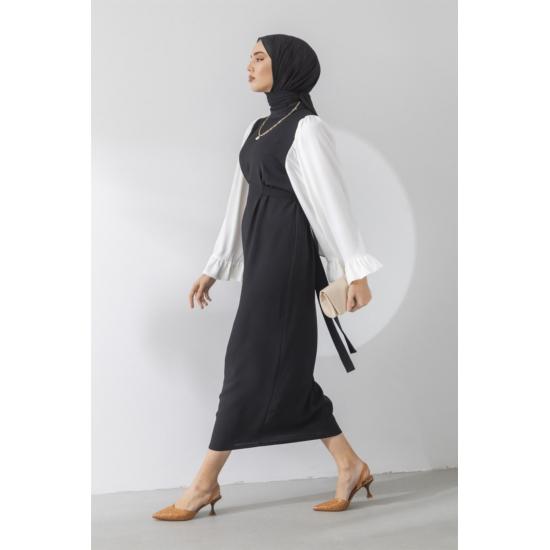 Robe noire à volants à manches lâches pour femmes