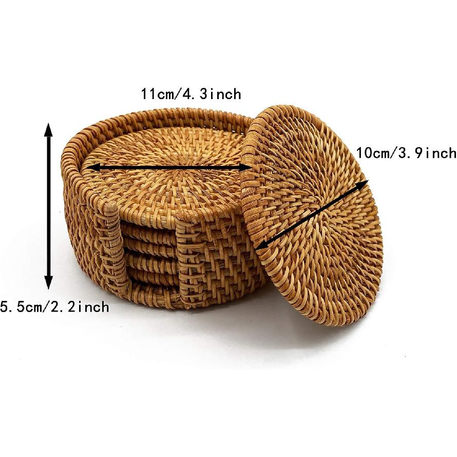 Rattan Coasters Set of 6 - Handwoven Wicker Coasters for Wooden Table, Brown with Holder (3.9 inch)