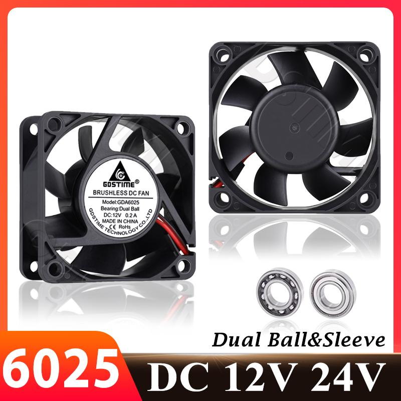 Gdstime 60MM 6025 Fan DC 24V 12V Mini Chassis CPU Cooler 2PIN 60x60x25mm Cooling Fan Ball Bearing 3D Printer Brushless Cooler 12V S 2P2.54