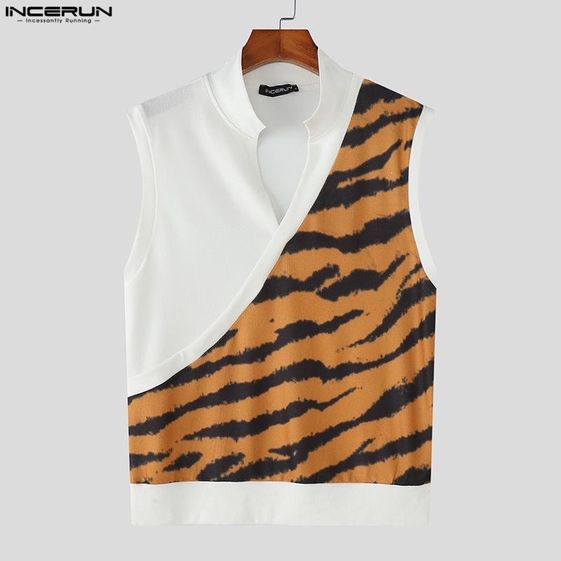 INCERUN Summer Men V Neck Sleeveless Stitching Striped Print Casual Tank Tops 