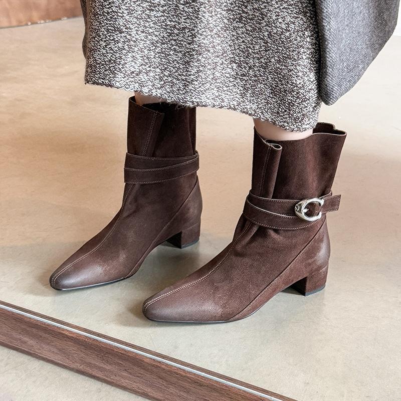 Fashion 2025 New Women Shoes Ankle Boots Genuine Leather Retro Square Toe Western High Boots Warm Autumn Winter Knight Boots High Shoes