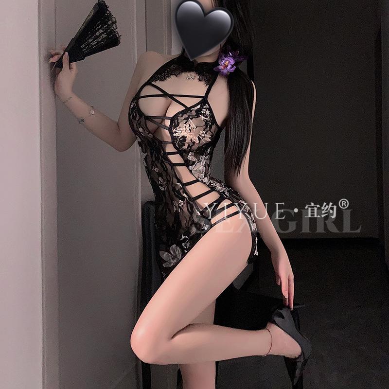 Erotic Lingerie, Sexy printed Lace, Seductive Cheongsam, hip-Hugging, see-through uniform, Seductive Pajama Set 1328