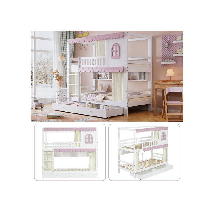 Bunk Bed, Children's Bed with Window and Curtains with Safety Rail, Open Shelves, Stable Access Ladder