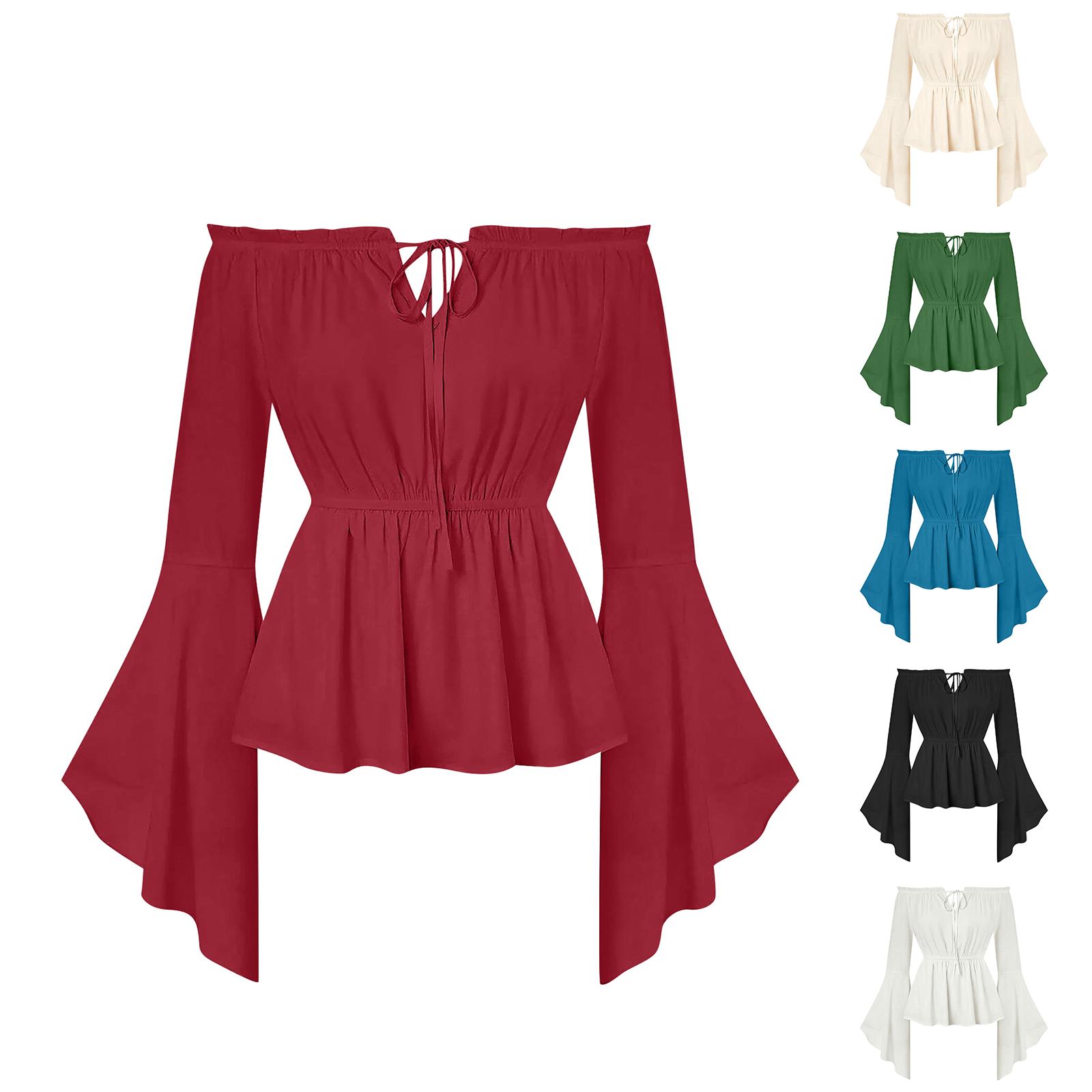

Women s Vintage Clothing Shirt Bell Sleeve Lace-Up Top M бежевий