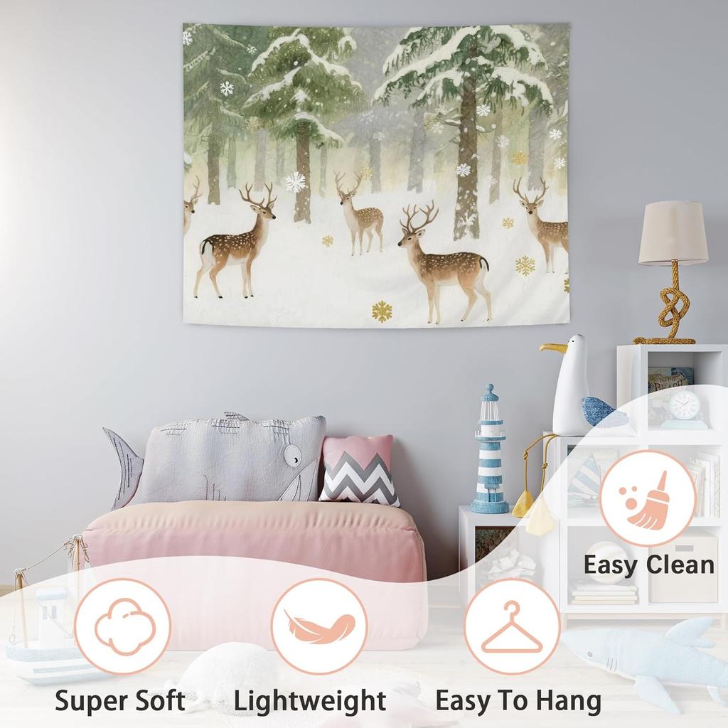 Winter Christmas Deer Tapestry,Rustic Christmas Wall Tapestry For Bedroom, Winter Snowy Forest Xmas Deer Tapestries Wall Hanging