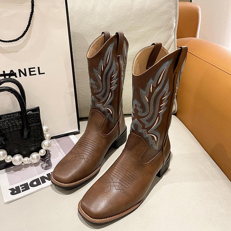 Autumn and winter thick heel versatile western cowboy boots embroidered sleeve knight boots retro medium tube square boots