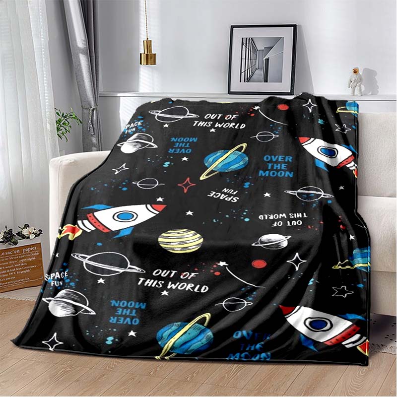 Space Astronaut Flannel Blanket, Soft Warm Throw with Cartoon Spaceman & Planet Print for Kids Bed Sofa, Cozy Bedding for Boys