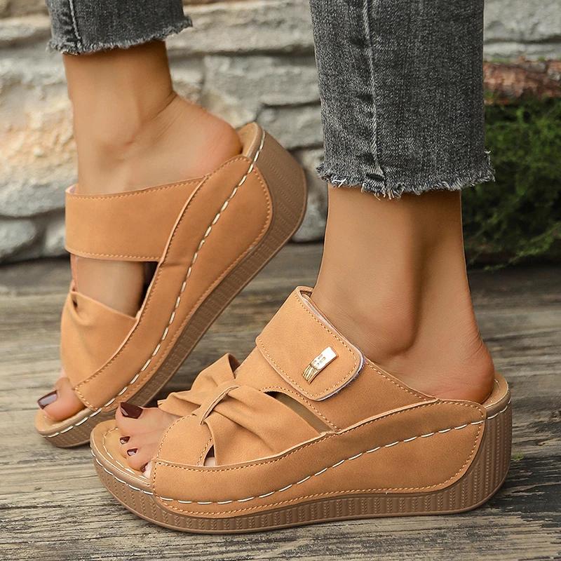 

Fashion Thick Sole Wedge Heel Sandals for Women Summer 2025 Casual Hollow Out Platform Slippers Woman Lightweight Non Slip Beach Shoes 43 кофейный