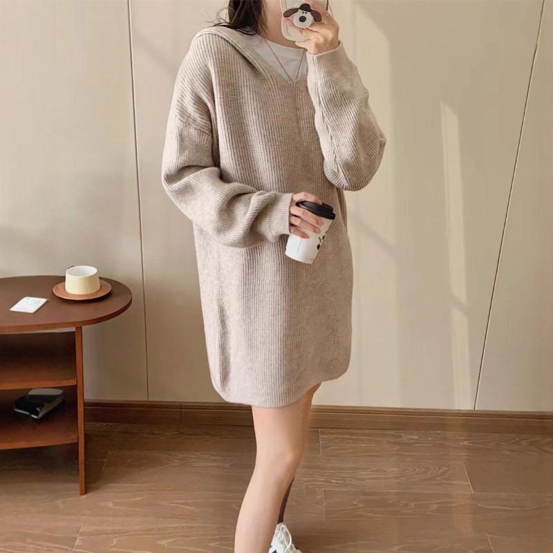 Fashion casual hooded medium and long knitted sweater top women's autumn and winter new loose lazy pullover sweater