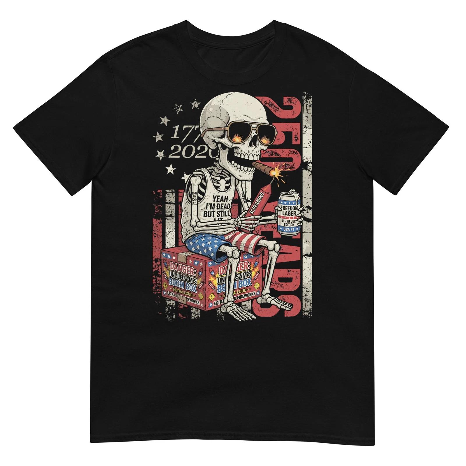 250 Years Funny Skeleton Fireworks American Flag 4th of July T-Shirt L