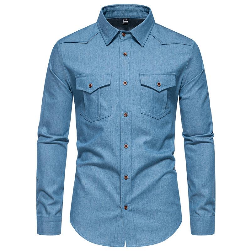 

Мужская рубашка повседневная с длинным рукавом однотонная мужская приталенная деловая рубашка Tide с двумя карманами рубашки карго для мужчин простой дизайн XL светло-синий