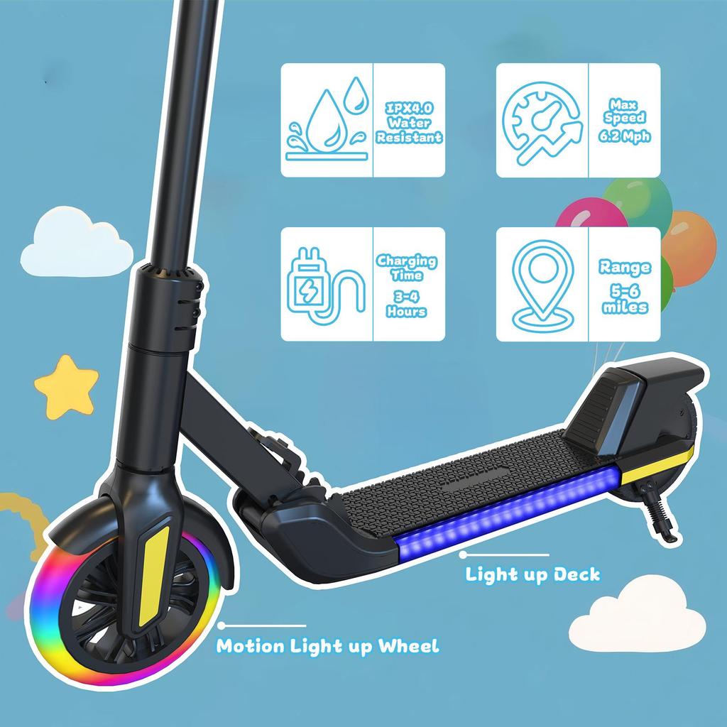 Foldable Kids Electric Scooter with LED Light Up Wheels & Light Deck, 3 Adjustable Height for Ages 6-12 Teens , Max Load 50KG