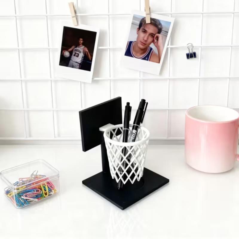Creative Basketball Hoop Pen Holder Desktop Organizer With Base Space-Saving Decorative Accessory Home, School, Office Decor