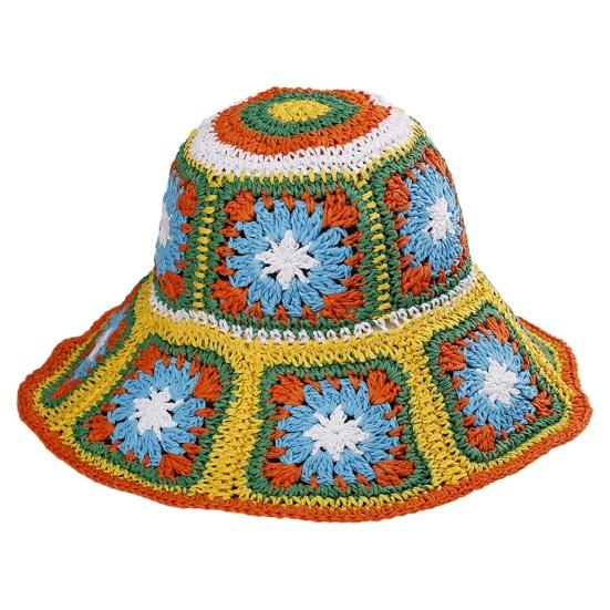 Fisherman Hat Floral Pattern Crochet Straw Sun Hat Anti-UV Sun Protection Foldable Packable