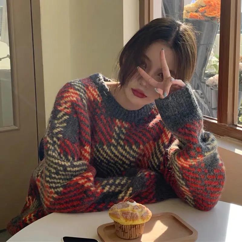WTEMPO Soft Women's Autumn and Winter  New Plaid Retro Y2K Loose Lazy High-end Sense of Temperament Sweaters
