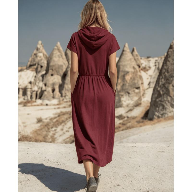 Vintage Loose Fit Hooded Half Zip Mid Length Dress With Pockets