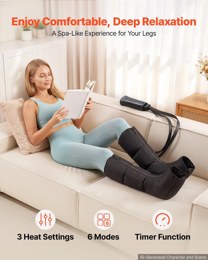 VEVOR Leg Compression Massager 3 Heat Settings Air Compression Leg Massager, For Daily Relaxation, 6 Modes, 3 Massage Intensities