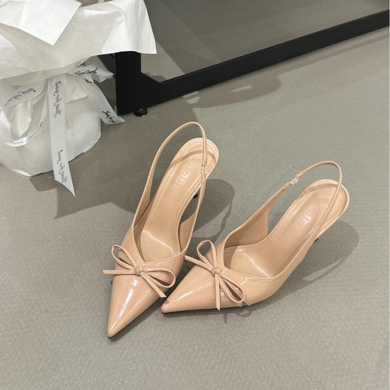 2025 spring and autumn new French light mouth stiletto one-word high heels women's patent leather pointed bow sandals women