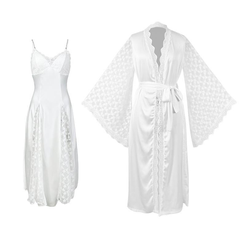 Sottoveste Camicia da Notte in Raso Bianco con Pizzo, Gonna Lunga Trasparente e Vestaglia