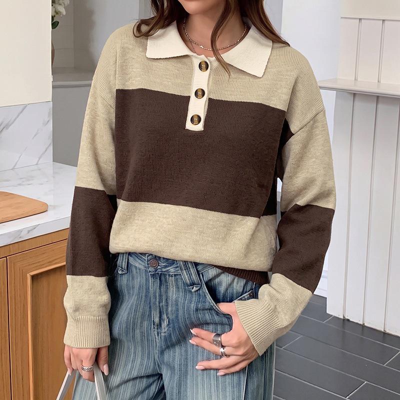 2026 Retro Color Block Stripe Polo Collar Sweater - Women's Long Sleeve Knitwear for Autumn/Winter Casual Wear