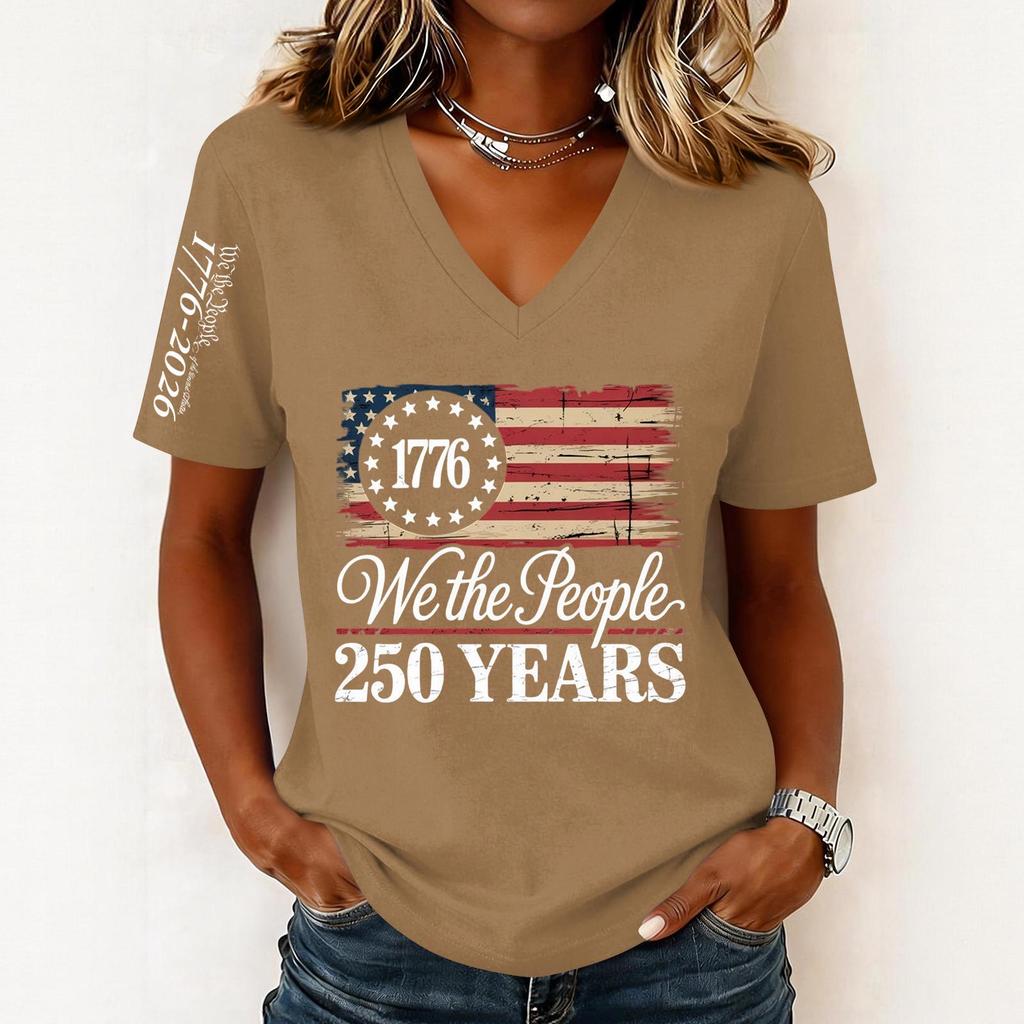 Women’s Fashion Casual Short Sleeve V Neck Pullover Top with 1776 and We the People 250 Years Graphic Print for Everyday Wear