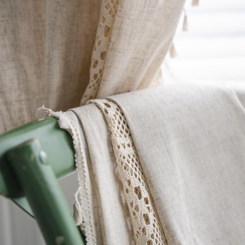 Linen Blending Jute Lace Curtains Road Pocket Shade Curtain Tassel for Kitchen Bedroom Living Room Bay Window Cabinet Curtain